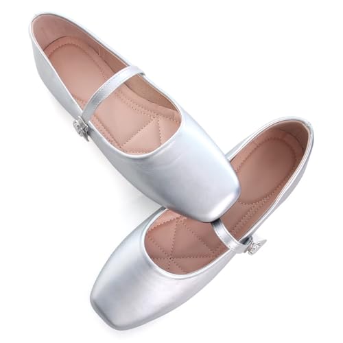 Image of TN TANGNEST Leather Flats for Women Comfortable Square Toe Slip On Flats Soft Work Flats Retro Mary Jane Flats