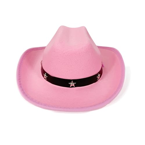 Kids Toddler Western Cowboy Hat Wide Brim Stylish Star Leather Cowboy Hat Cowgirl Dress Up Hat with Belt Buckle (Pink ONE Size)