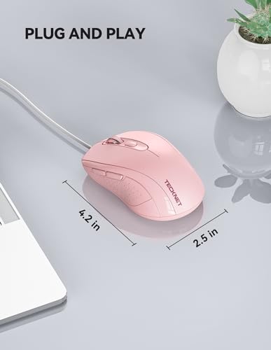 TECKNET USB Wired Mouse, 3600DPI Corded Computer Mouse with 4 Adjustable Levels, 6-Button 5FT Cord Ergonomic Mice, Home and Office Mouse for Laptop PC Desktop Notebook - Pink — view 5