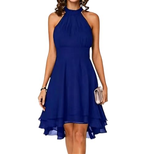 Vestido de invitada de Boda Verano con Cuello Halter, Volantes y Pliegues, Estilo Formal, Azul Rey, Talla Grande.