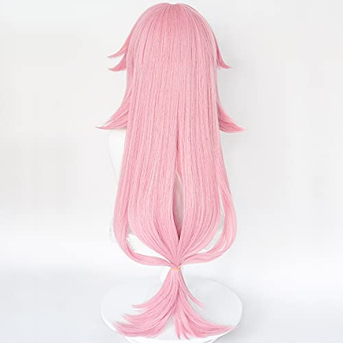Image of LABEAUTE Pink Cosplay Wig for Yae Miko Long Anime Curly Sakura Straight Hair Wig with Ponytails for Halloween Party Include Cap