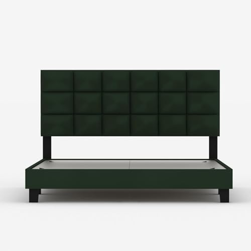 Image of Wooden Modern Upholstered Queen Size Bed for Bedroom | Wooden Double Bed Without Storage | Platform Cot Upholstered Bed with Upholstery Fabric | Engineered Wood | 6.5 x 5 Ft | Green-A