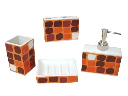 Conjunto 4 Piezas SOBREMESA BAÑO Juego Set DOSIFICADOR DISPENSADOR JABON JABONERA Vaso para CEPILLOS Porcelana Cuadros Naranja
