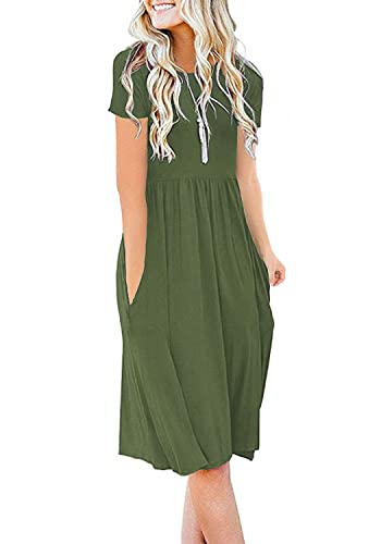 Image of DB MOON Women Summer Casual Short Sleeve Dresses Empire Waist Dress with Pockets