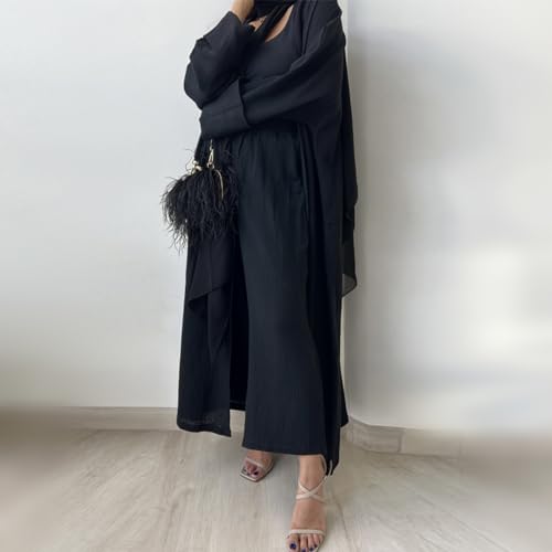 Image of Open Abayas Kimono Muslim Women Cardigan Maxi Dress and pants Set Islamic Clothing Dubai Saudi Robe