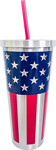Spoontiques - Stainless Steel Cups - 24 Oz Double Wall Insulated Drinkware With Bpa Free Acrylic Lining - Twist Lock Lid With Color Coordinated Straw- Americana Stainless Cup #TOP27