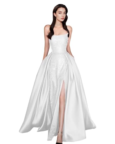 dideyttawl Satin Sequins Sleeveless High Slit Lace up Back A-Line Prom Dress with Long Train Pockets Formal Prom Gown