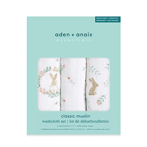 Image of aden + anais Essentials Washcloth 3-Pack, Super Soft 100% Cotton Muslin, Gentle on Skin, 3 Absorbent 11x11 Layers, Softer with Every Use, Perfect for Babies, Infants, Toddlers, Blushing Bunnies
