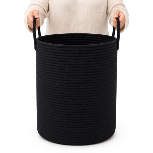 Image of OrganiHaus Tall Cotton Rope Laundry Basket & Hamper, Blanket Storage 52L | Full Black - Tall Cotton Rope Hamper, 52L