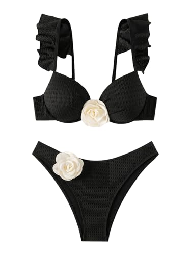 SHENHE Women's Push Up Swimsuit 3D Flower High Cut Ruffle Trim Textured Bikini Set