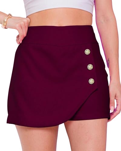 Image of ADDYVERO High Rise Elasticated Waistband Side Button Women Above Knee /Mini Bodycon Wrap Skort /Shorts (Maroon, 36)