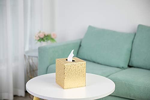 Gold PU Leather and Wood Square Tissue Box Cover