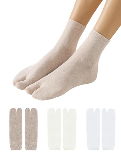 Yawlsow 3 Pairs Tabi Socks Flip Flop Socks Japanese Split Toe Cotton Crew Sock for Women Men Unisex (US Alpha One Size Regular Regular Khaki+Cream+White)