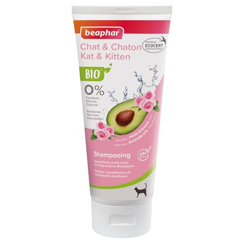 Beaphar – Shampoing Éco-certifié pour Chat et Chaton – Contient de l'Aloe Vera, de l'huile d'Avocat et de la Rose Bio – pH Neutre – sans parabène,...