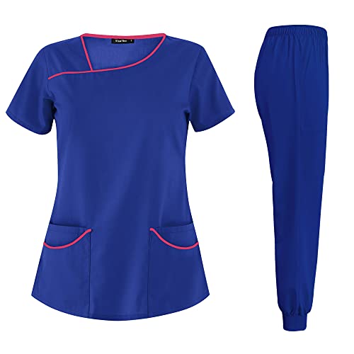 niaahinn Scrubs Sets for Women Nurse Scrub Uniform Top & Jogger Pant Work Clothes Stretchy Short Sleeved Suit Slanted V-Neck Design (Blue,XL,X-Large)