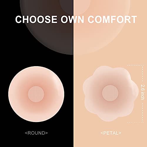 Rifny Silicone Nipple Covers, Nippleless Pasties For Women Reusable Adhesive Invisible 6 Pairs Round And Petal With Case Beige #TOP2