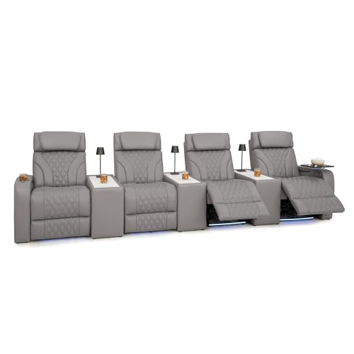 Seatcraft Luminis LT Gray Italian Leather Home Theater Seating, Zero Gravity Power Recliner with Straight Console Table, Heat and Massage, Powered Headrest and Lumbar Lounge Sofa, Row of 4