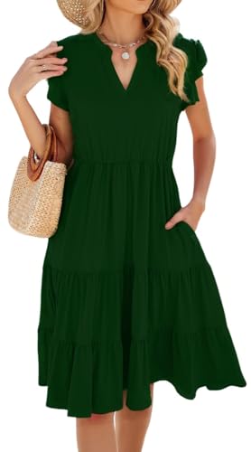 Image of Womens Summer Dress Ruffle Sleeve V Neck Midi Dresses Casual Fit Flowy Tiered Boho Beach Vacation Sundress