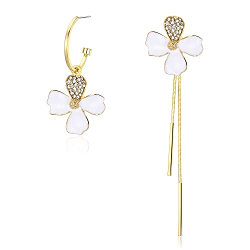 Boucles d'oreilles asymétriques fleur avec 2 chaînes pendantes en cristal et strass