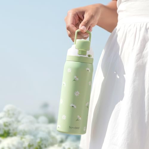 Image of Daisy Insulated Stainless Steel Water Bottle with Straw for Sports and Travel, 32oz Gifts for Women Girls Friends Teens Birthday Christmas (Green)