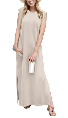 Image of GRECERELLE 2026 Women Year-Round Casual Round Neck Loose Split Wrinkle-Free Long Maxi Vacation Dress with Pockets (XXS-4XL)
