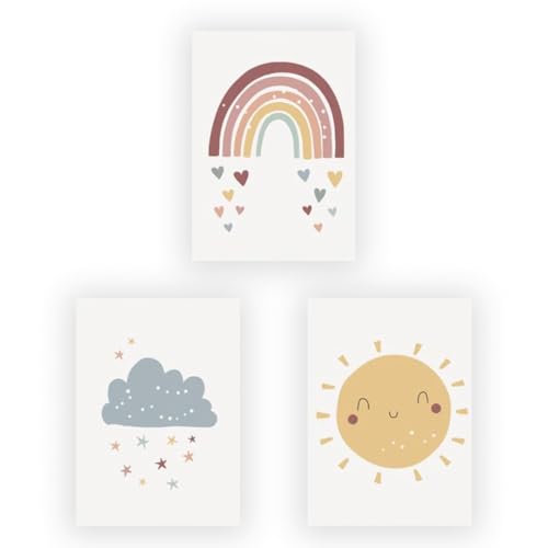 3 pósters, habitación infantil niños y niñas, nubes, arco iris, sol, cuadros pósters, decoración habitación infantil