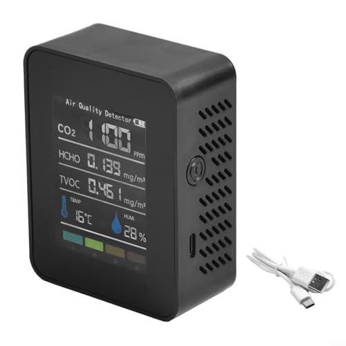HEIBTENY Medidor de calidad del aire 5 en 1 con precisión HCHO, probador TVOC, sensor de temperatura y humedad, pantalla digital LED Monitor de calidad del aire (negro)