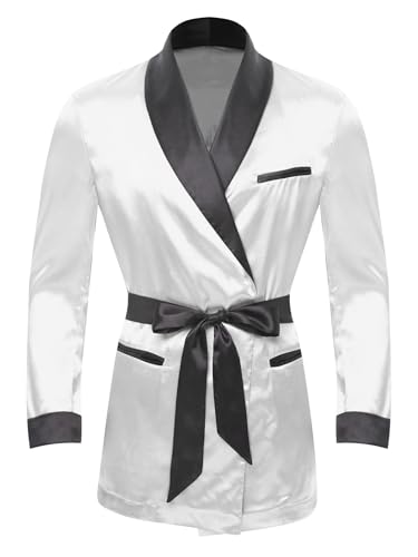 Men's Smoking Jacket Satin Gown Robe Long Sleeve Short Kimono Smoking Robe Coat with Belt3