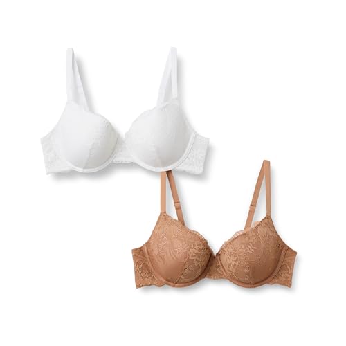 Amazon Essentials Reggiseno con Ferretto a Coppa Piena in Pizzo Gallone Elasticizzato Donna, Pacco da 2, Bianco/Bronzo Lavato, 1B