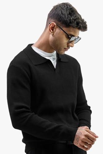 Image of SNITCH Men's Textured| Self-Design Sweaters | Casual Wear| College Wear Streetwear Style | Acrylic Blend Polo Full Sleeve Slim Fit Black