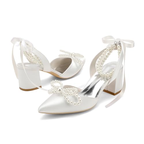 Women's Pointed Closed Toe Pearl Chunky Heels for Women Dressy Shoes Wedding Shoes for Bride Bridal Block Heels4