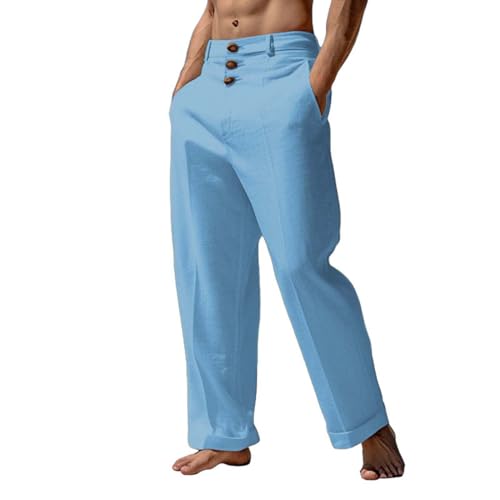 Voylansi Pantalones casuales de lino para hombre, pantalones de yoga para hombre, diseño de botones y enrollables, cómodos, ligeros, transpirables, holgados, con bolsillo, pantalones casuales con