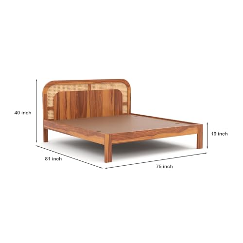 Image of Sheesham Wood Cane Bed Without Storage for Bedroom | King Size Wooden Double Bed Palang with Curved Rattan Headboard (Honey Finish)