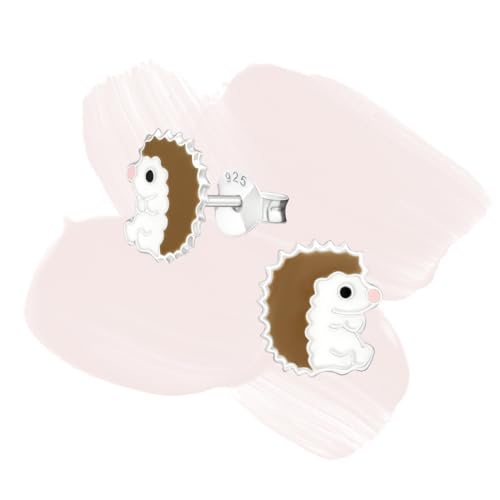 Laimons Kids Pendientes para niña Erizo Marrón, Blanco Plata de ley 925