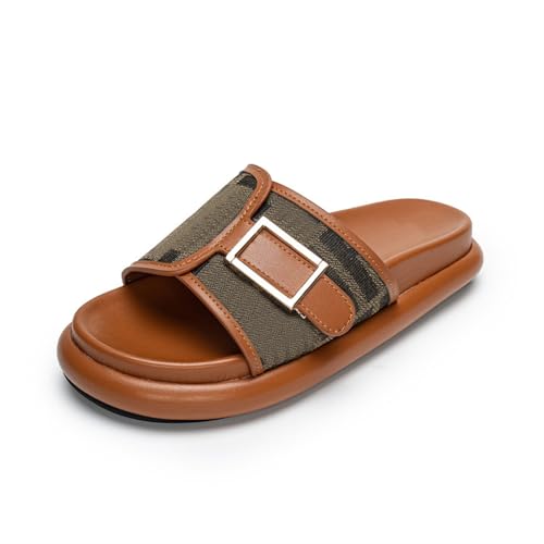 Women's Metal Buckle Casual Beach Sandals Comfort Slide Sandals Fashion Strap Leather Flat Sandals