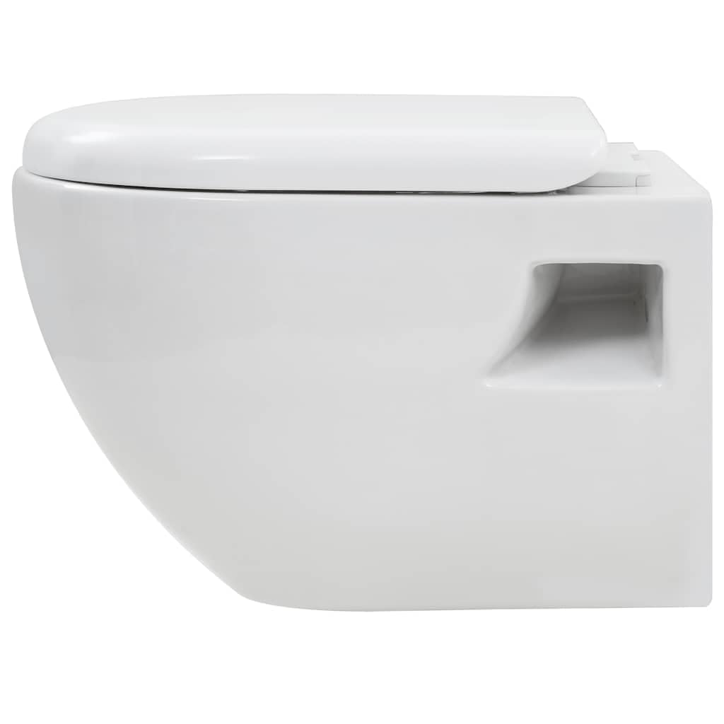 Mangloder - WC da parete in ceramica bianca con sistema di chiusura rallentata, per bagno e camera degli ospiti, senza bordo di risciacquo, facile da montare, ideale per ristrutturazione e