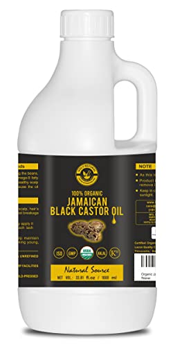 Organic Jamaican Black Castor Oil (33.81 fl oz) USDA Certified, Traditional Handmade with Typical and Traditional roasted castor beans smell,100% Pure black Castor Oil (No Additive, No preservative)