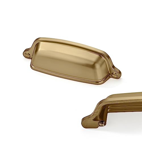 CABDM 10 Pack 3 inch (76 mm) Brushed Brass Cabinet Cup Pulls Brushed Gold Drawer Pulls Kitchen Hardware Cabinet Handles Drawer Handles Knobs Cup Pull. by CABDM - Used condition - US$22.86
