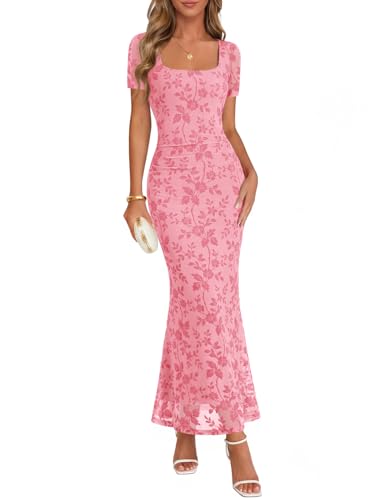 MEROKEETY Women Summer Floral Wedding Guest Maxi Dress 2026 Formal Short Sleeve Square Neck Bodycon Cocktail Party Long Dress, Pink, Medium
