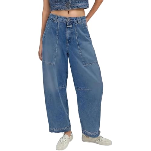 chouyatou Women's Wide Leg Barrel Jeans Button Fly High Waist Relax Fit Baggy Washed Denim Pants with Pockets