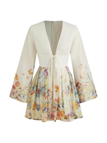 CIDER Dresses for Women Floral Print V Neck Long Sleeve High Waist Knotted Ruffle A Line Mini Dress