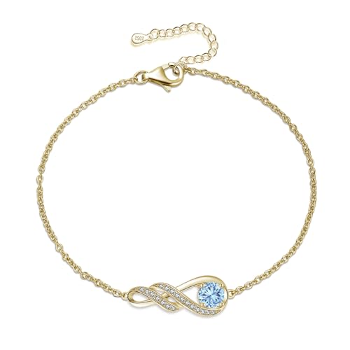 LOCIBLO March Birthstone Bracelets for Women 925 Sterling Silver Blue Synthetic Aquamarine Bracelet Gold Plated Infinity Pendant Jewellery for Her, 6.7"+1.2"