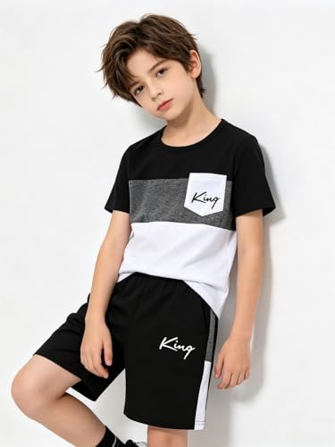 Image of Size 6-12 Years Boys Summer Outfits Set Kids Short Sleeve Top T-Shirt & Shorts Color Block Clothing Sets