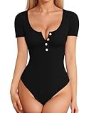 MANGOPOP Womens Scoop Neck Henley Bodysuit Button Down Ribbed Short Sleeve Bodysuits Top, Short Sleeve Black, Large