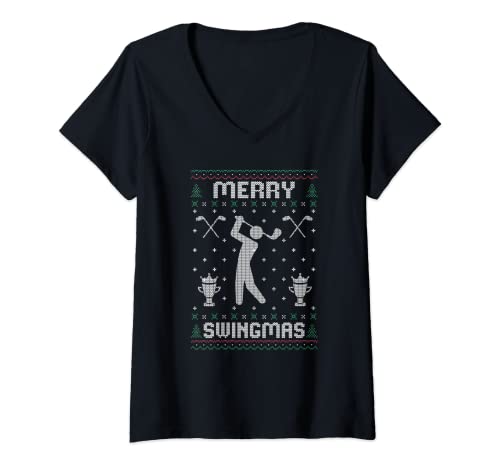 Donna merry swingmas golfer funny golf christmas design maglietta con collo a v