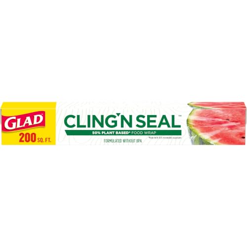 Glad 50% Plant Based Cling N Seal Plastic Wrap for Food, Airtight Seal, 200 Square Foot Roll (Pack of 1)