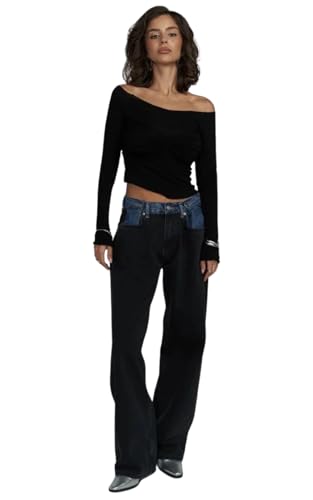 PIRAL Women's Tri-Fold Jeans – 100% Cotton, Adjustable Waist, High-Rise Black Denim