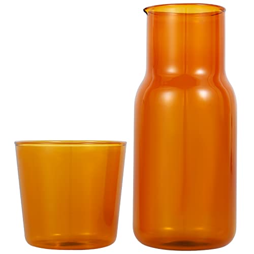 Bedside Water Carafe with Tumbler Reusable Glass Water Pitcher with Cup Large Capacity Nightstand Carafe Set Vintage Bedside Glass Carafe Set Night Water Pitcher Portable (Amber)