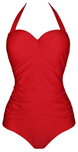 Aixy Mujer Vintage Halter Cuello Traje de Baño de una Pieza Monokini Rojo
