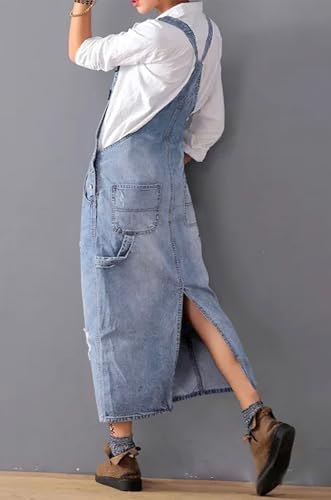 Image of loveimgs Women Distressed Denim Overall Dress Bib Long Jean Jumper Ripped Adjustable Straps Patchwork Pinafore Dress